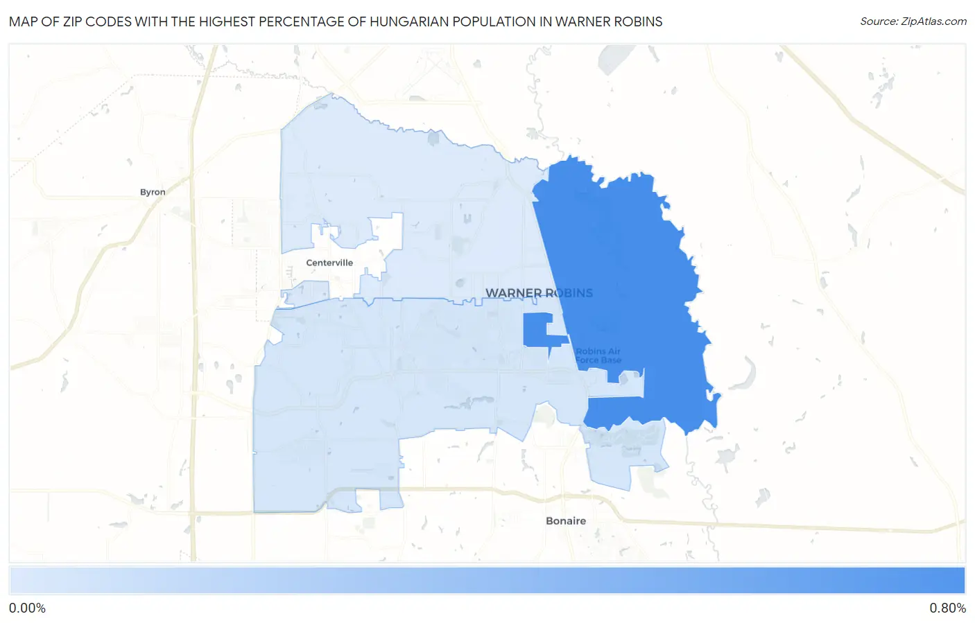 Zip Codes with the Highest Percentage of Hungarian Population in Warner Robins Map