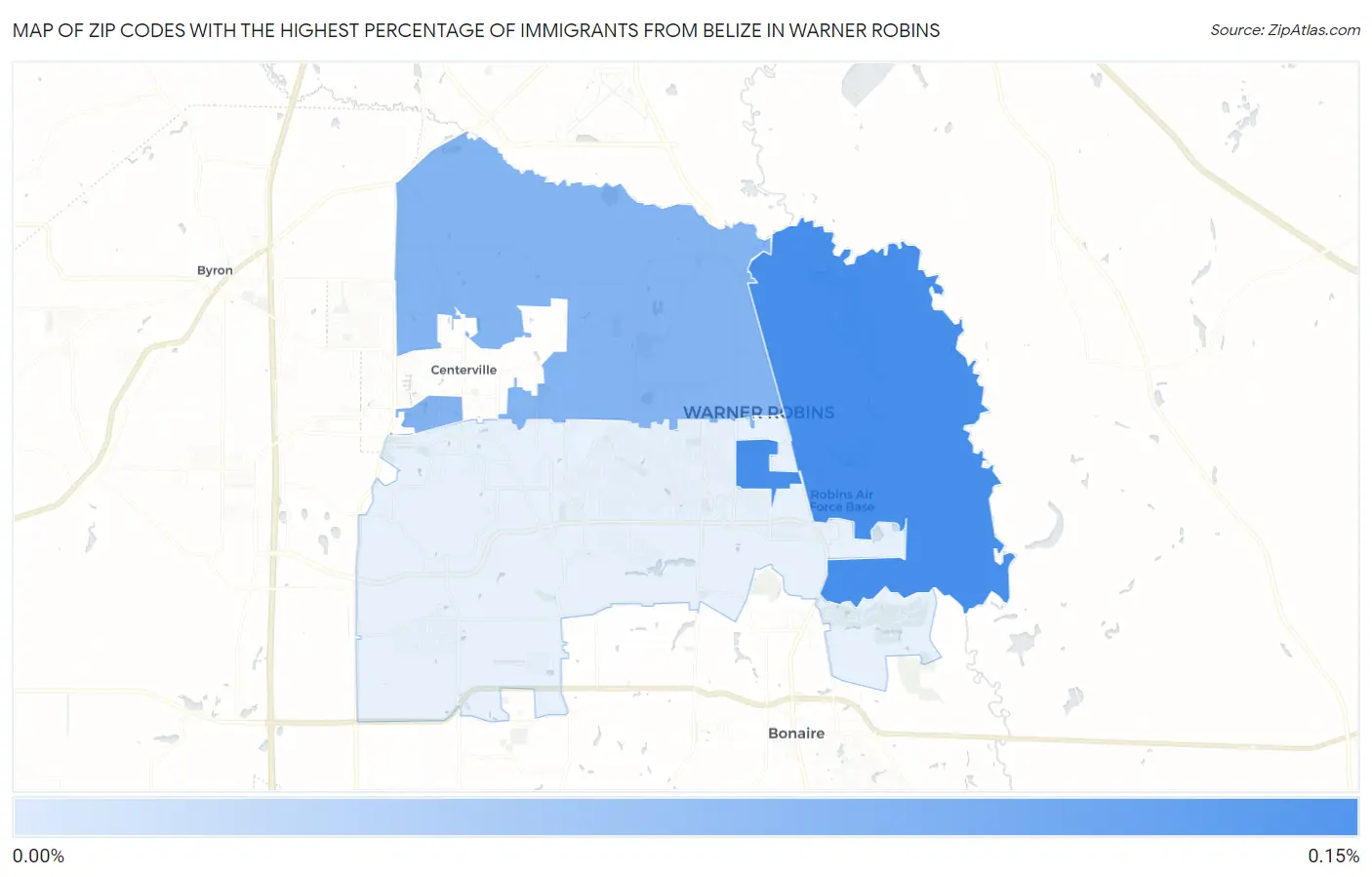 Zip Codes with the Highest Percentage of Immigrants from Belize in Warner Robins Map