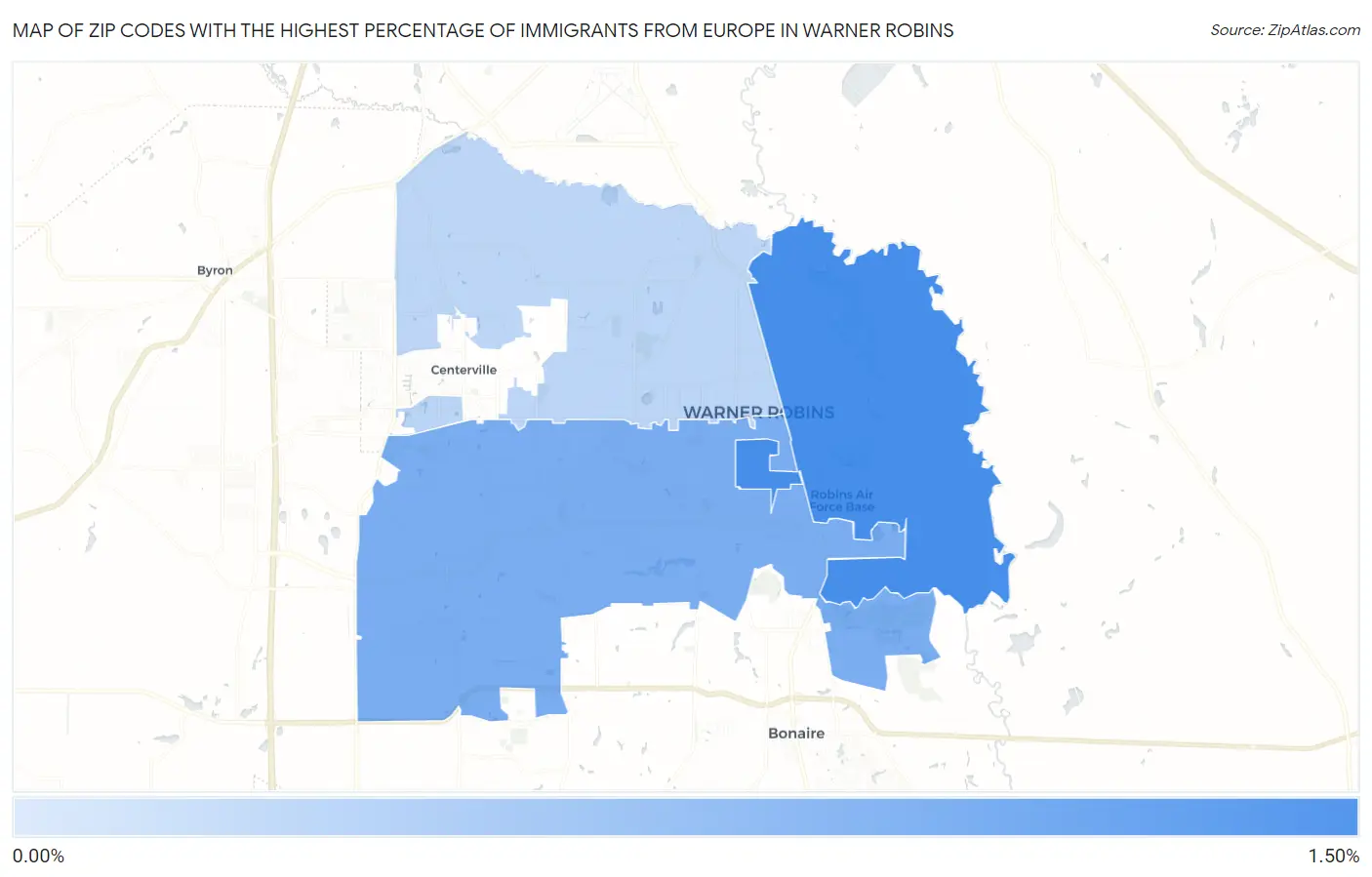 Zip Codes with the Highest Percentage of Immigrants from Europe in Warner Robins Map