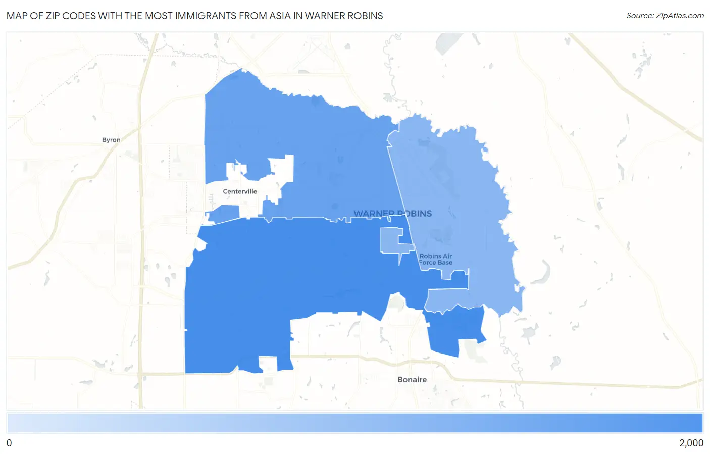 Zip Codes with the Most Immigrants from Asia in Warner Robins Map