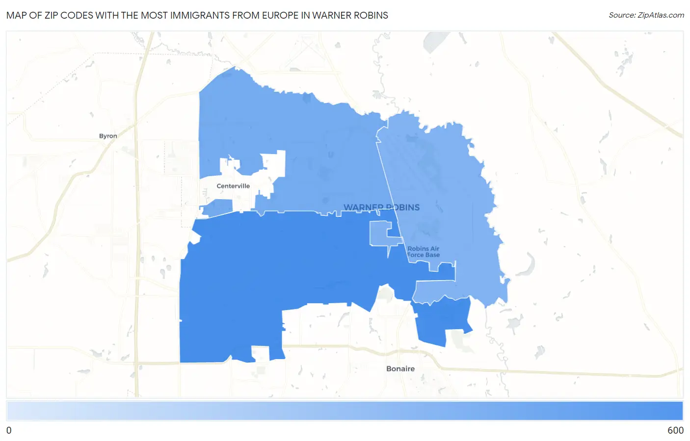 Zip Codes with the Most Immigrants from Europe in Warner Robins Map