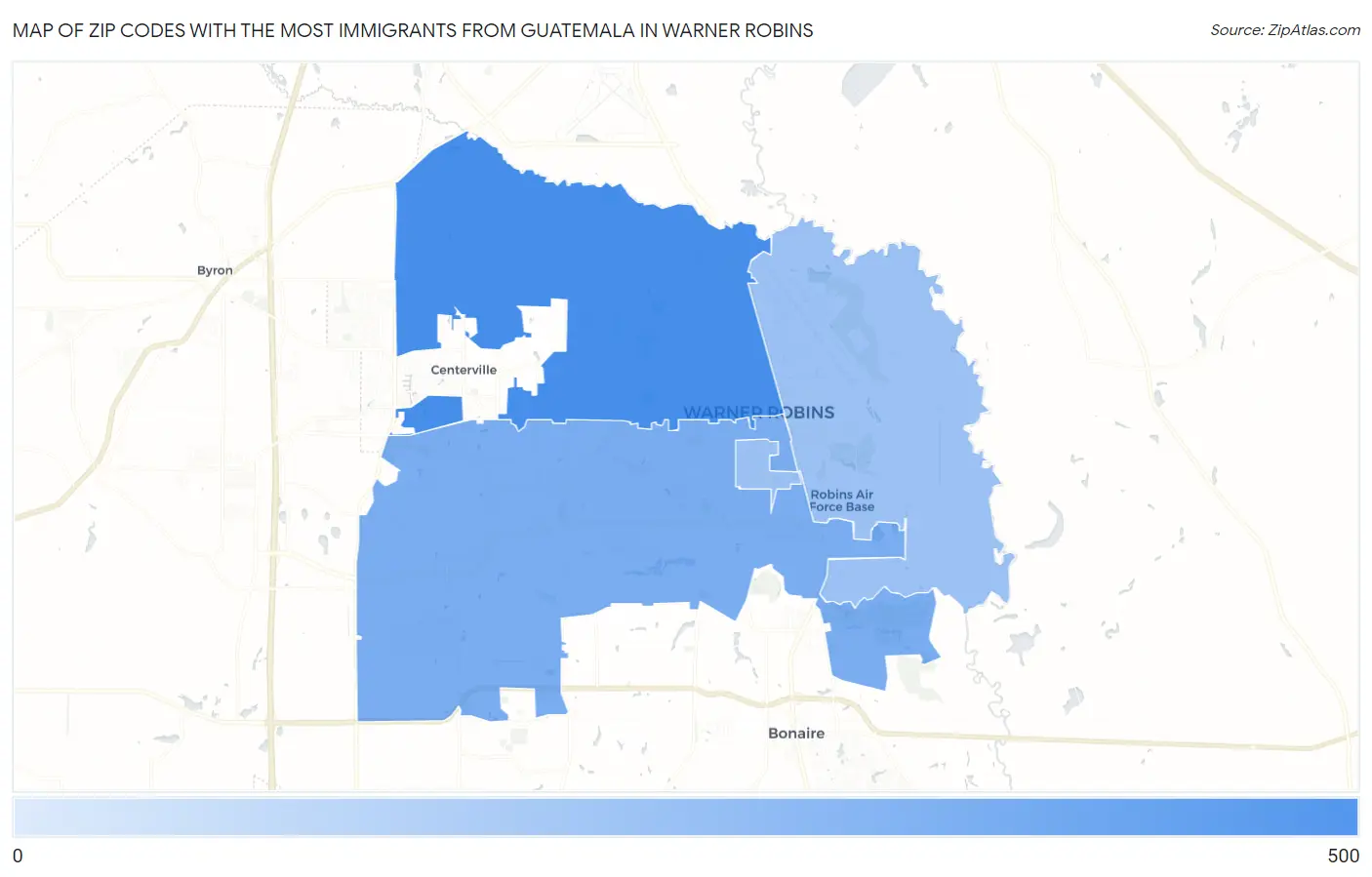 Zip Codes with the Most Immigrants from Guatemala in Warner Robins Map