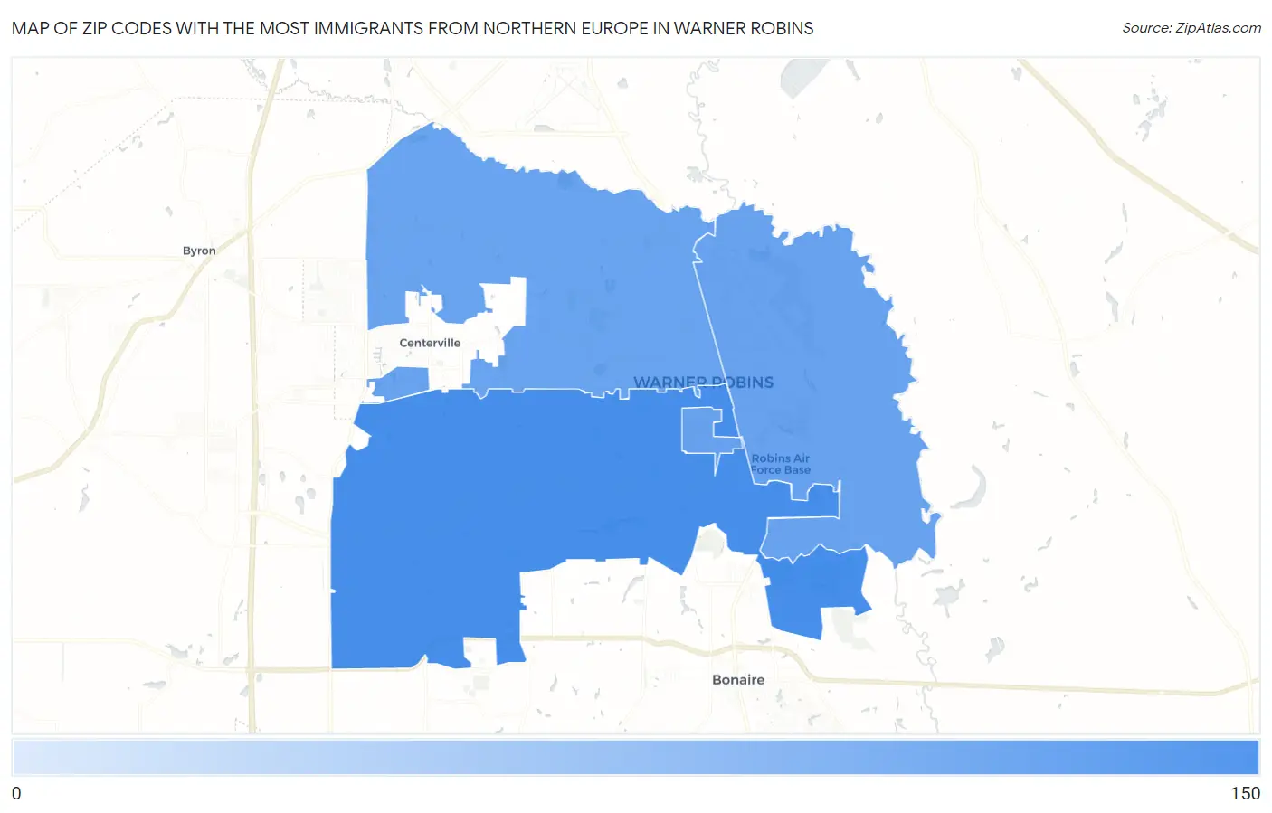 Zip Codes with the Most Immigrants from Northern Europe in Warner Robins Map