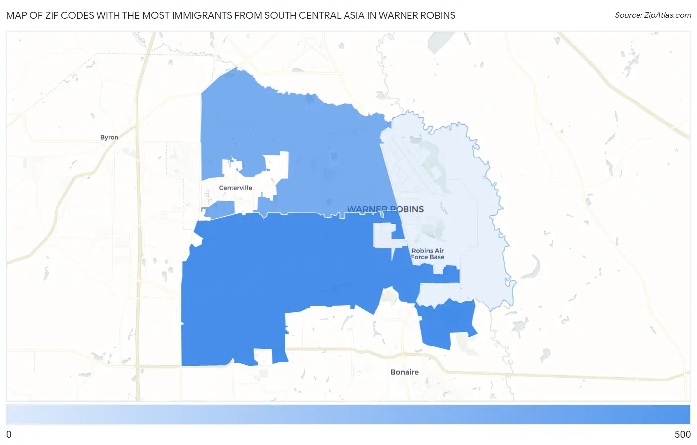 Zip Codes with the Most Immigrants from South Central Asia in Warner Robins Map
