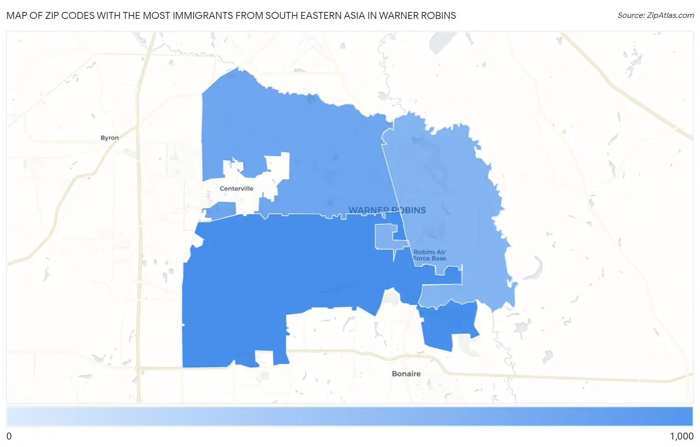 Zip Codes with the Most Immigrants from South Eastern Asia in Warner Robins Map