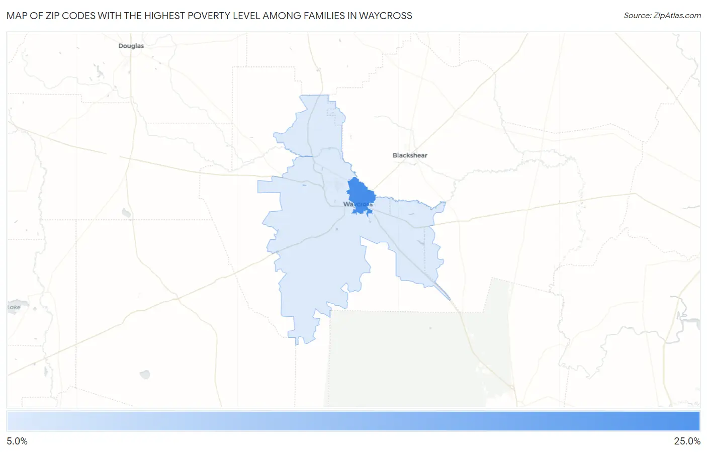 Zip Codes with the Highest Poverty Level Among Families in Waycross Map