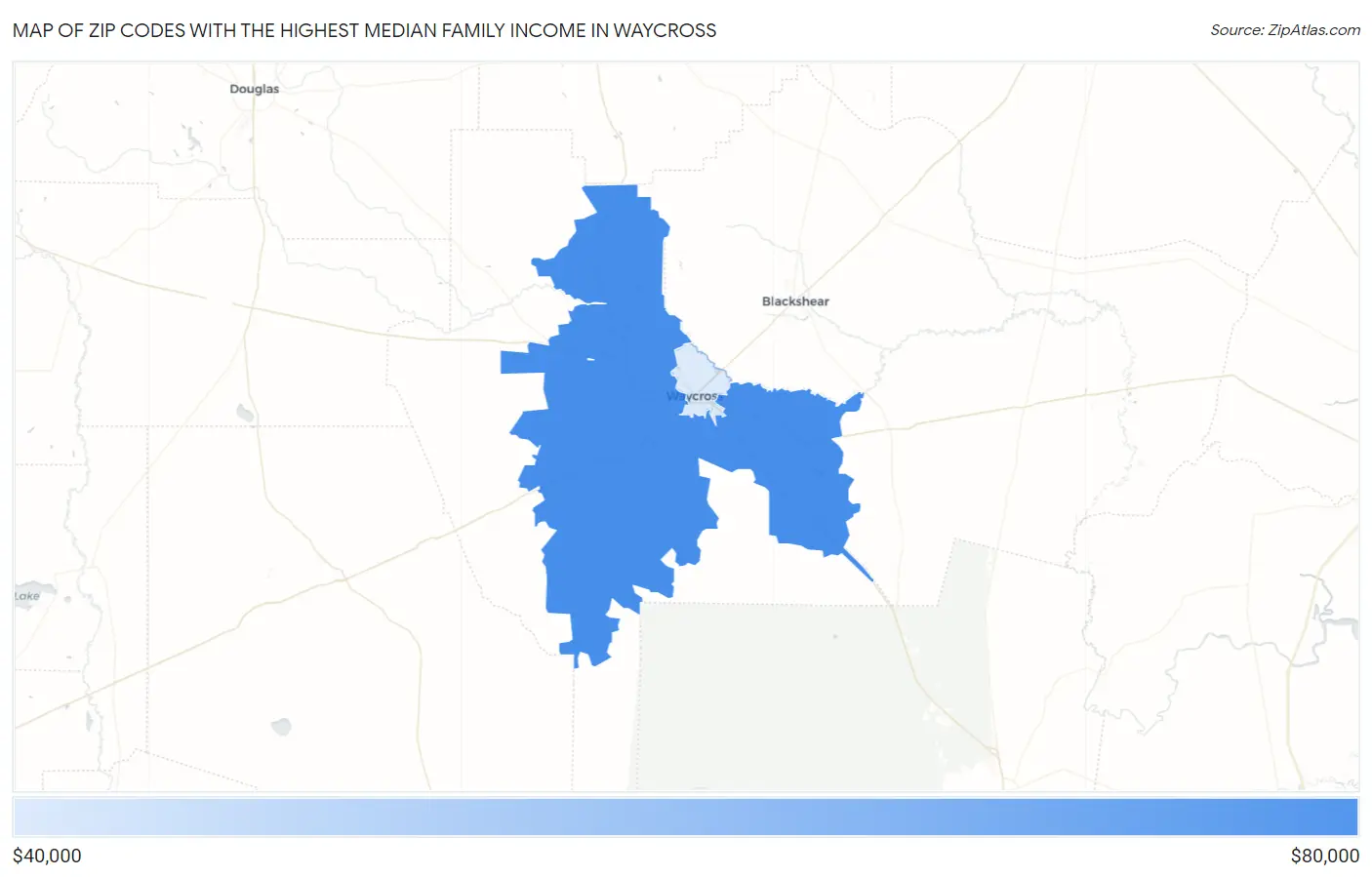 Zip Codes with the Highest Median Family Income in Waycross Map
