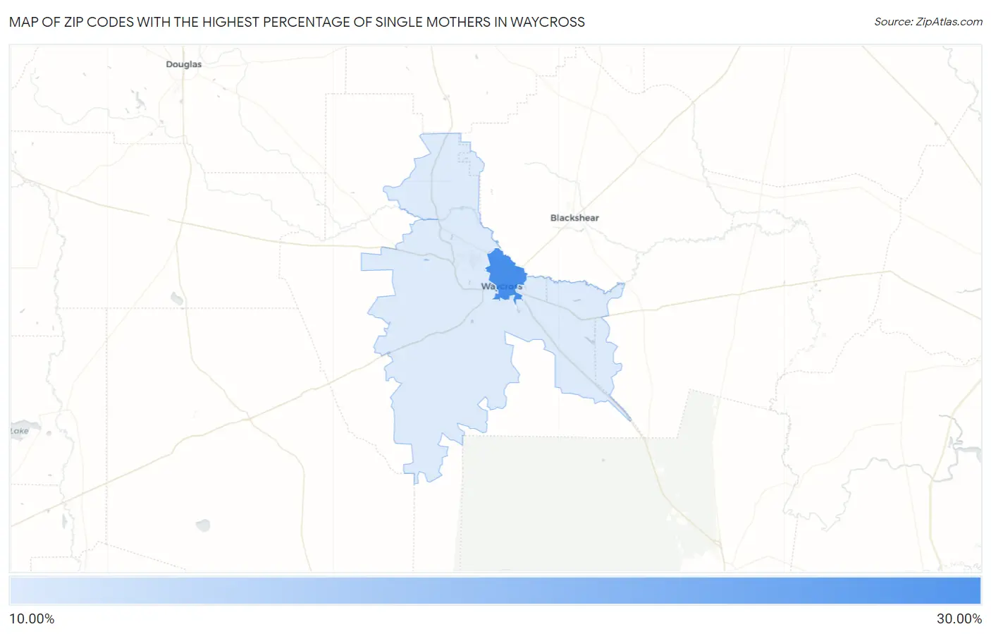 Zip Codes with the Highest Percentage of Single Mothers in Waycross Map