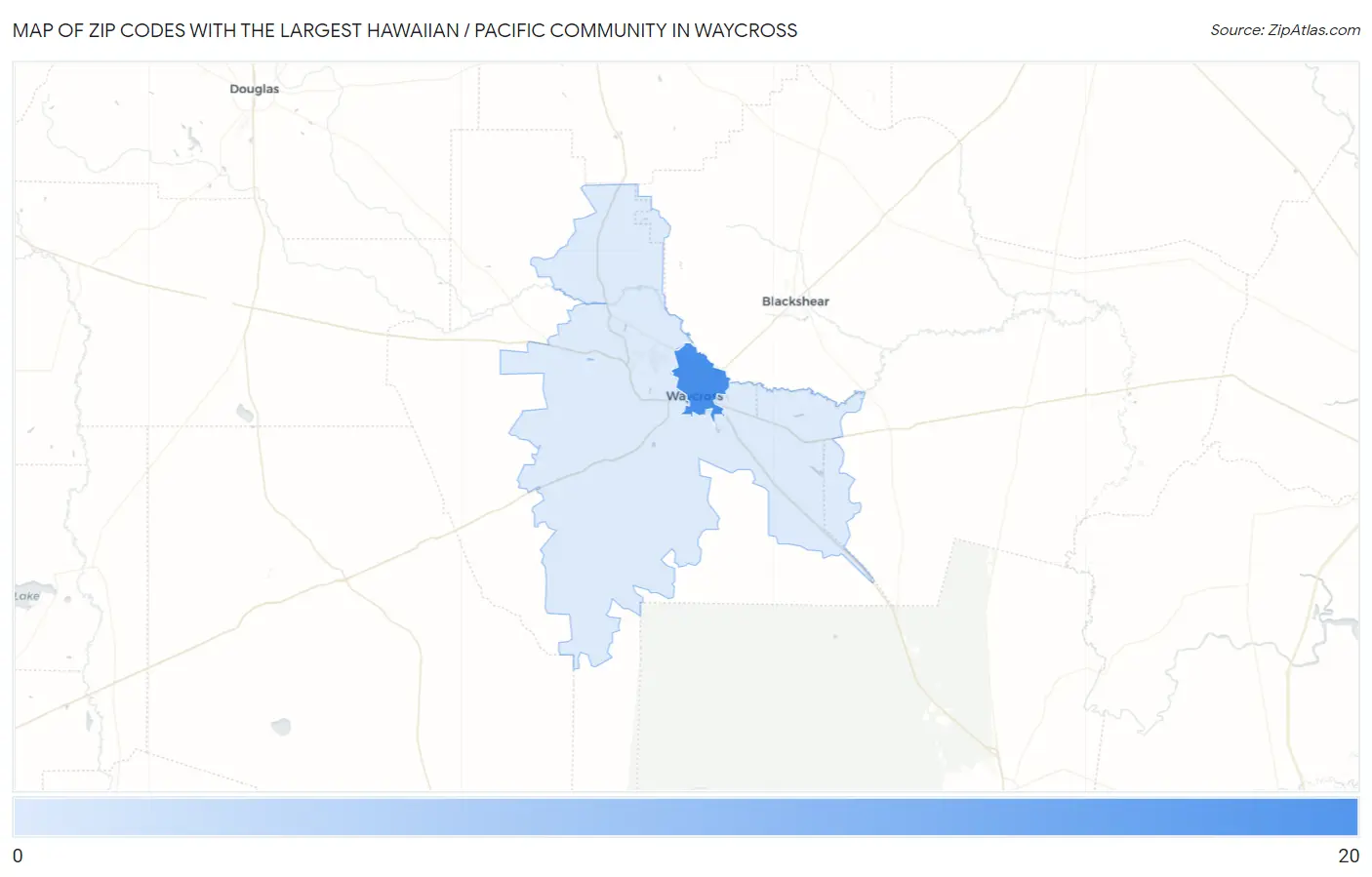 Zip Codes with the Largest Hawaiian / Pacific Community in Waycross Map