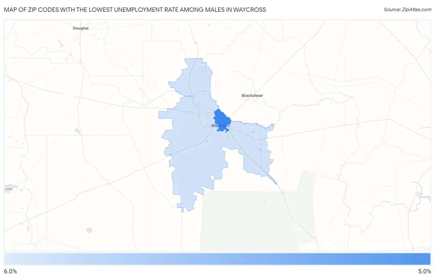 Zip Codes with the Lowest Unemployment Rate Among Males in Waycross Map