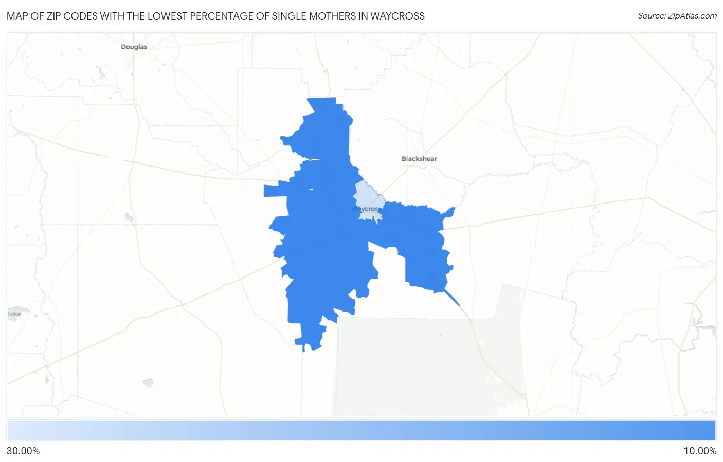 Zip Codes with the Lowest Percentage of Single Mothers in Waycross Map