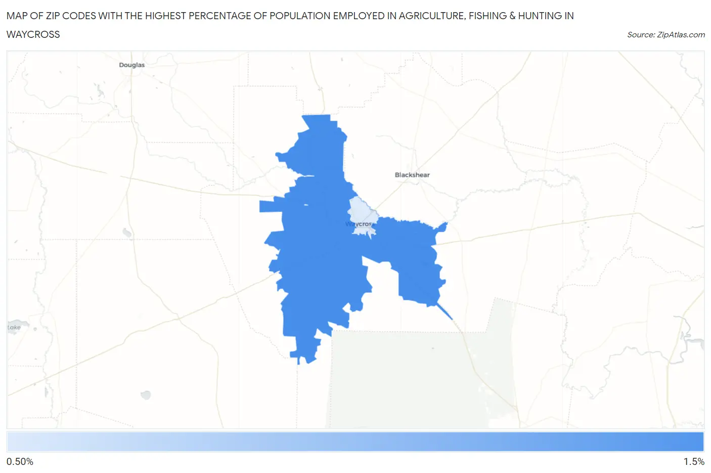 Zip Codes with the Highest Percentage of Population Employed in Agriculture, Fishing & Hunting in Waycross Map