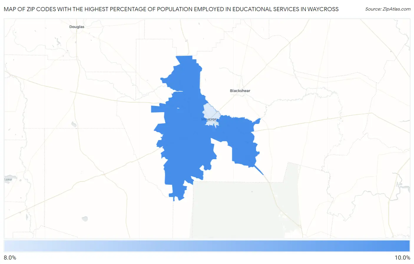 Zip Codes with the Highest Percentage of Population Employed in Educational Services in Waycross Map