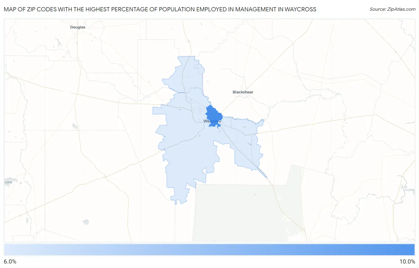 Zip Codes with the Highest Percentage of Population Employed in Management in Waycross Map