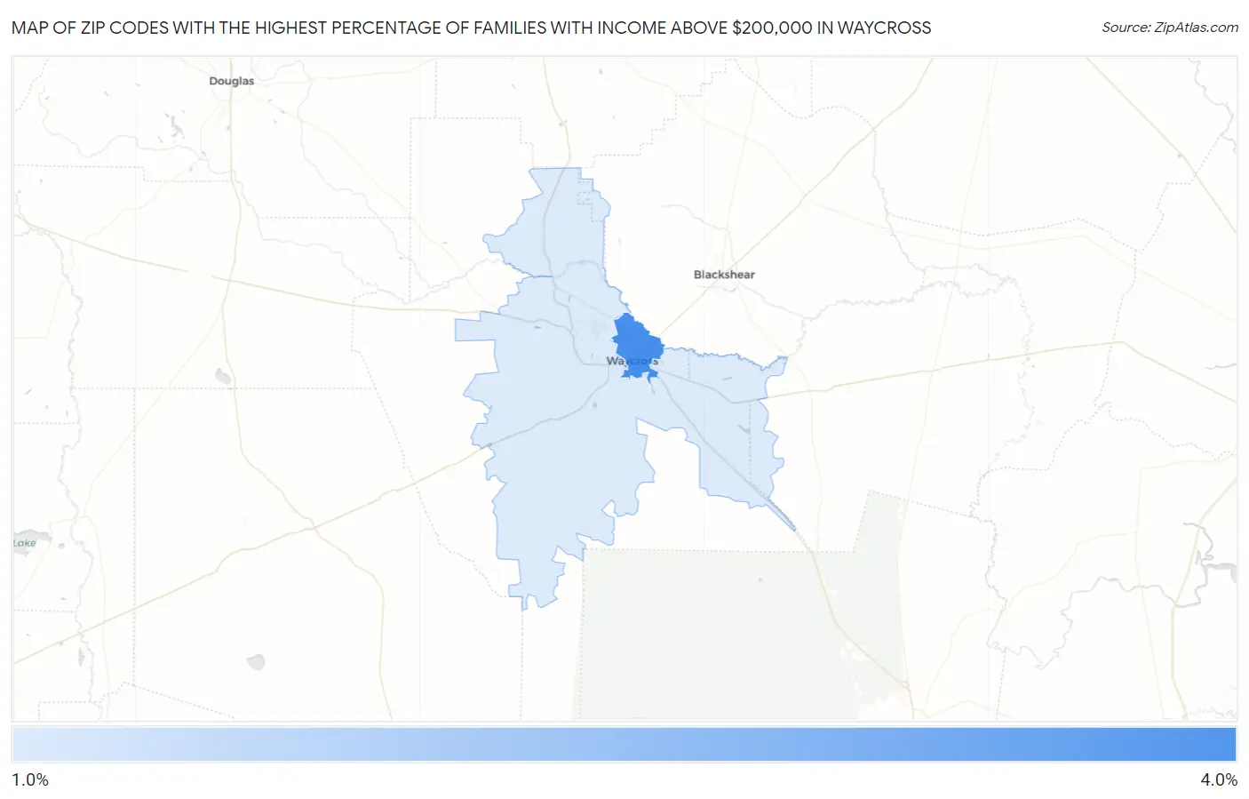 Zip Codes with the Highest Percentage of Families with Income Above $200,000 in Waycross Map