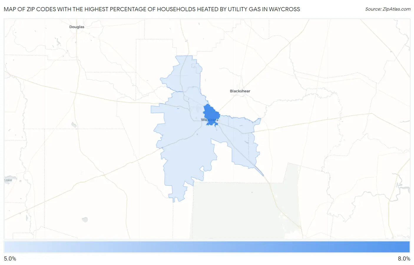 Zip Codes with the Highest Percentage of Households Heated by Utility Gas in Waycross Map