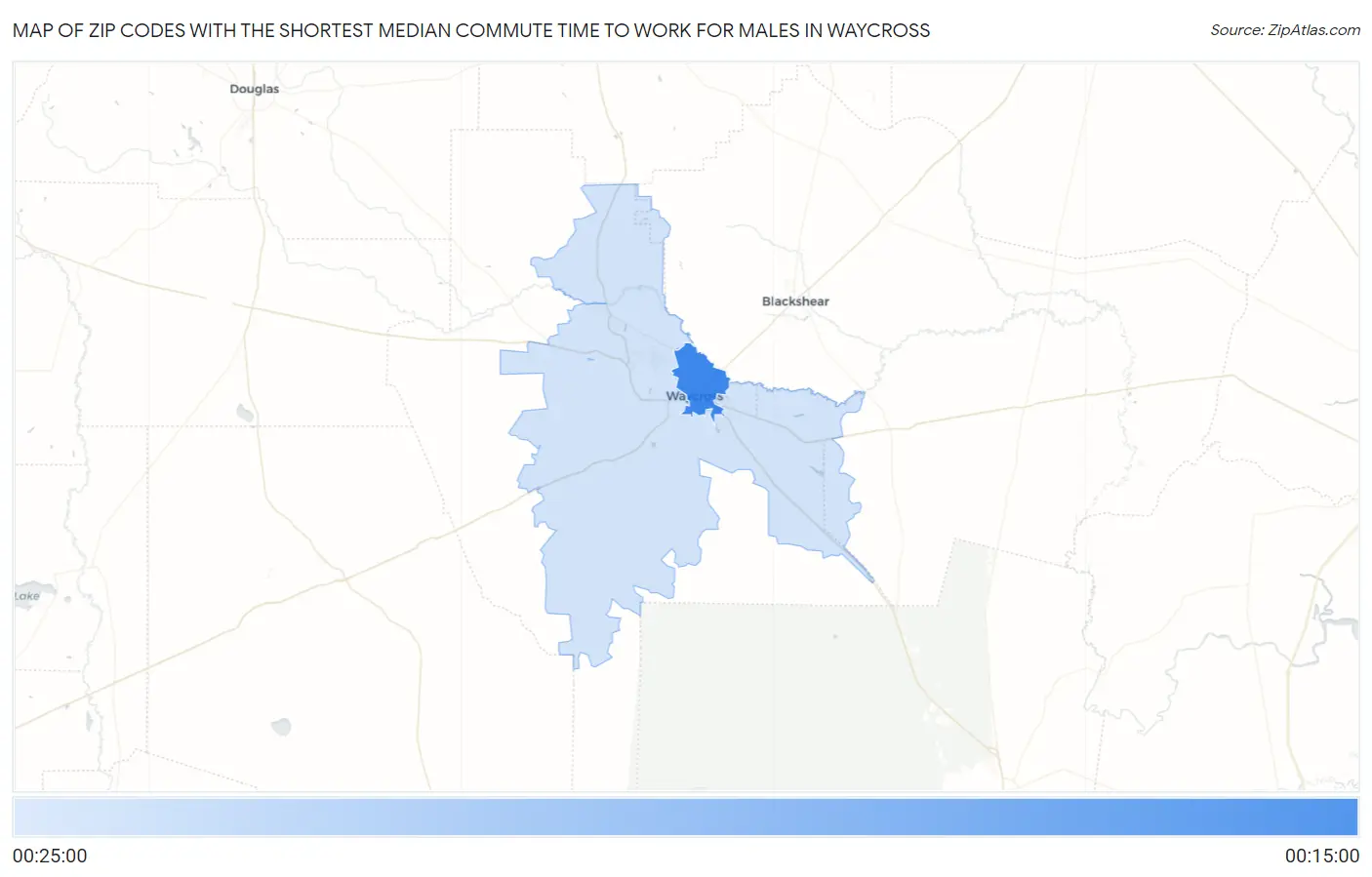 Zip Codes with the Shortest Median Commute Time to Work for Males in Waycross Map