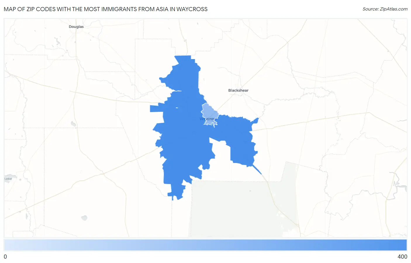 Zip Codes with the Most Immigrants from Asia in Waycross Map