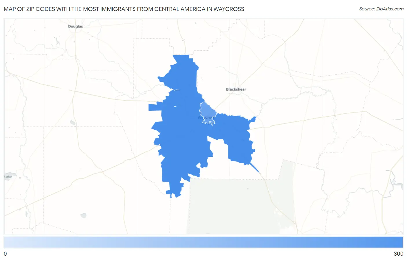 Zip Codes with the Most Immigrants from Central America in Waycross Map