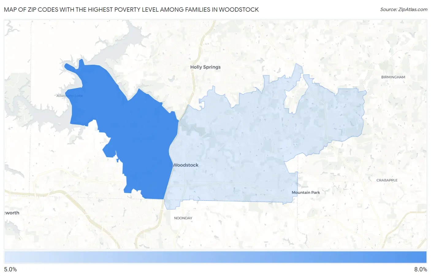 Zip Codes with the Highest Poverty Level Among Families in Woodstock Map