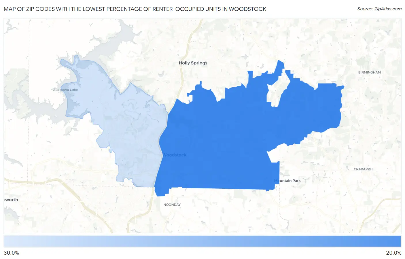 Zip Codes with the Lowest Percentage of Renter-Occupied Units in Woodstock Map