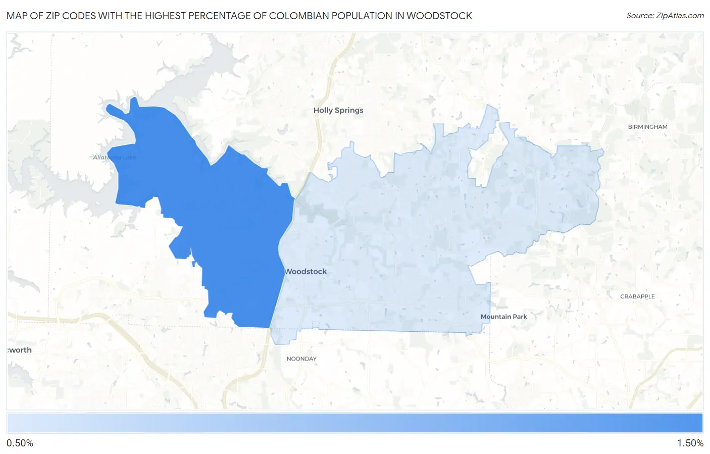 Zip Codes with the Highest Percentage of Colombian Population in Woodstock Map