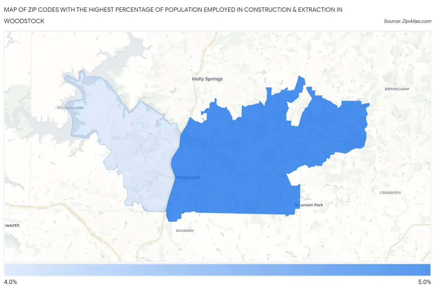 Zip Codes with the Highest Percentage of Population Employed in Construction & Extraction in Woodstock Map