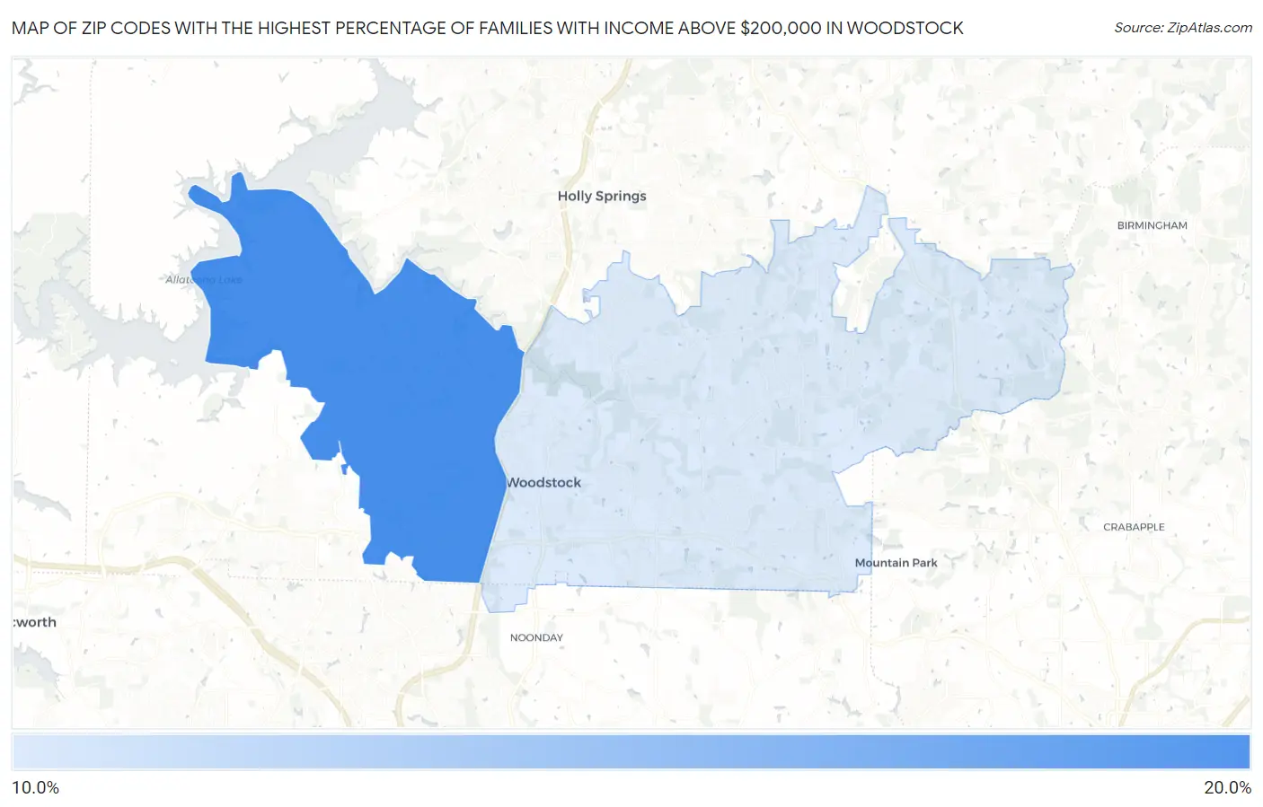 Zip Codes with the Highest Percentage of Families with Income Above $200,000 in Woodstock Map