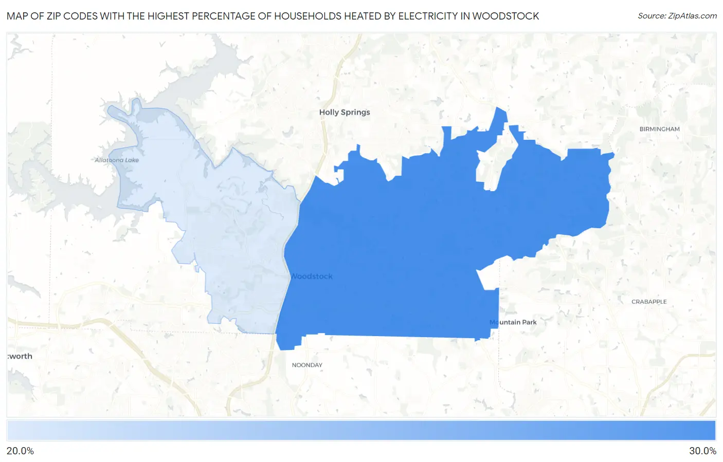 Zip Codes with the Highest Percentage of Households Heated by Electricity in Woodstock Map