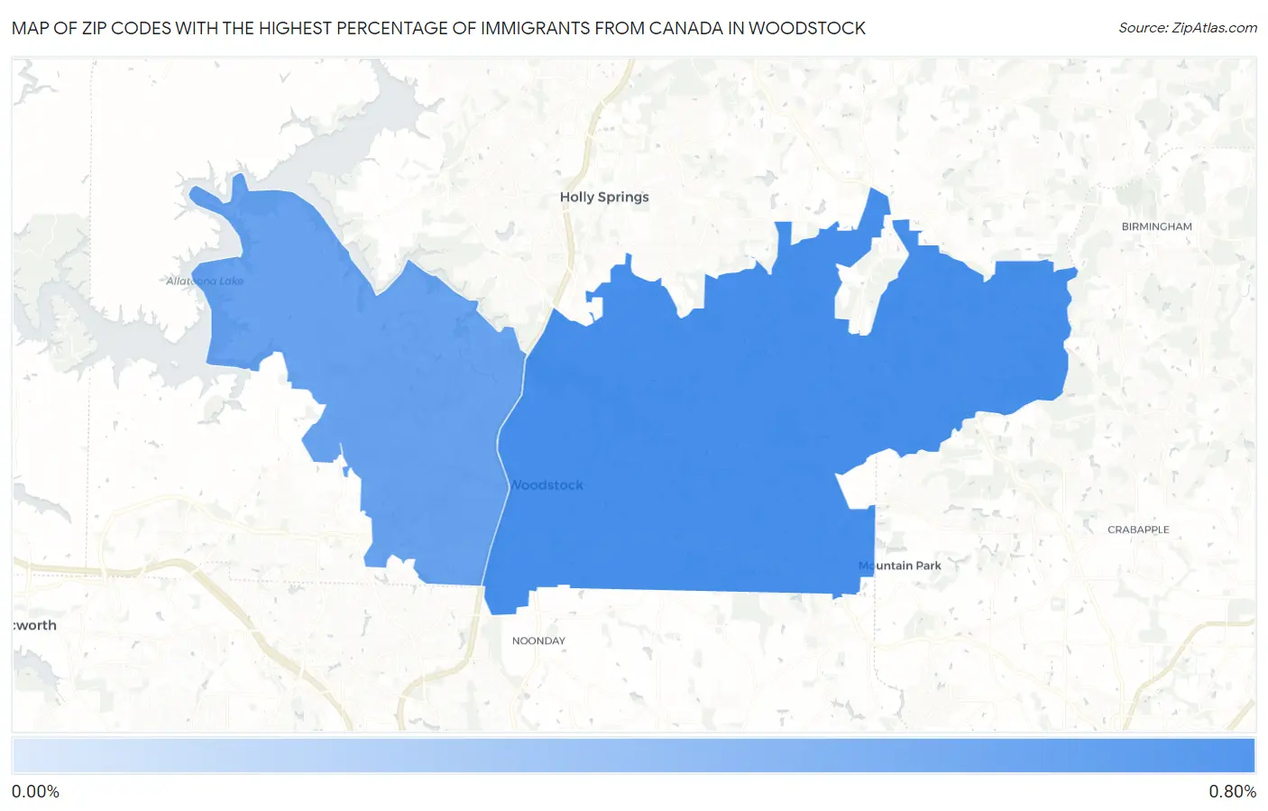 Zip Codes with the Highest Percentage of Immigrants from Canada in Woodstock Map