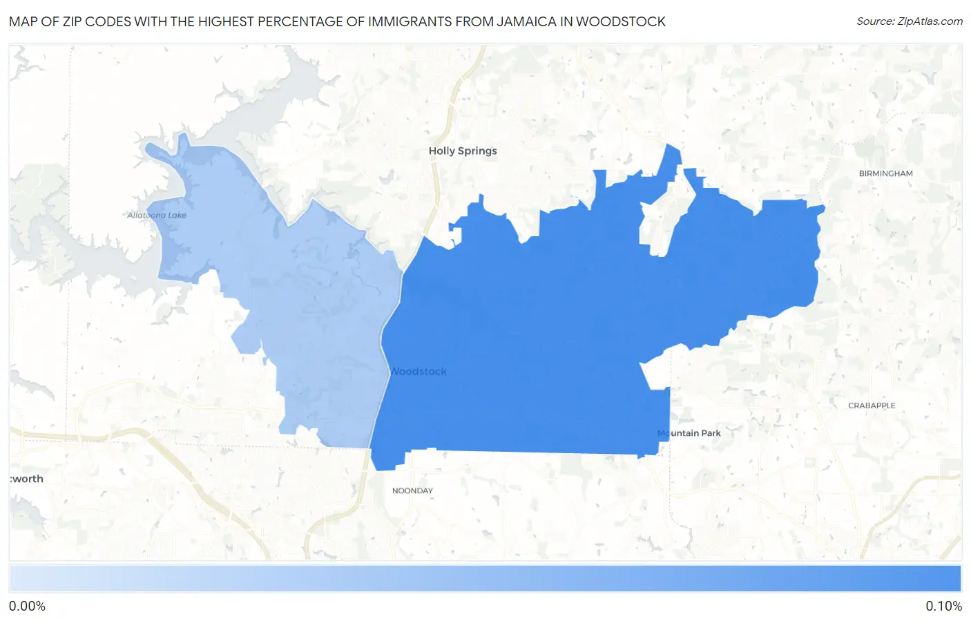 Zip Codes with the Highest Percentage of Immigrants from Jamaica in Woodstock Map