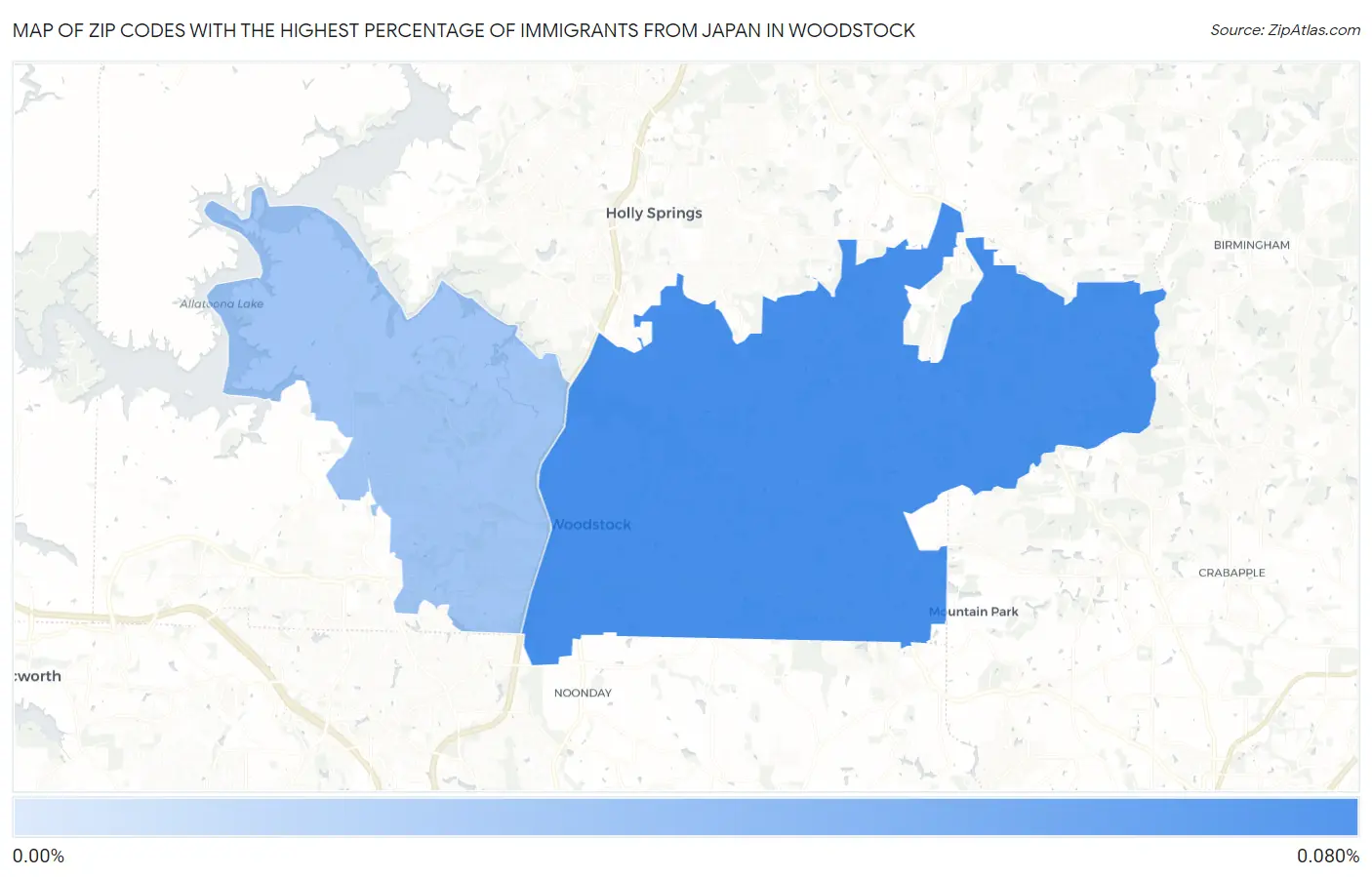 Zip Codes with the Highest Percentage of Immigrants from Japan in Woodstock Map
