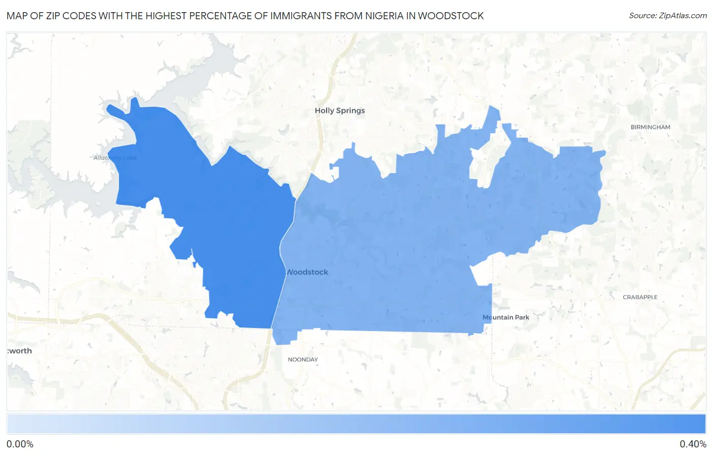 Zip Codes with the Highest Percentage of Immigrants from Nigeria in Woodstock Map