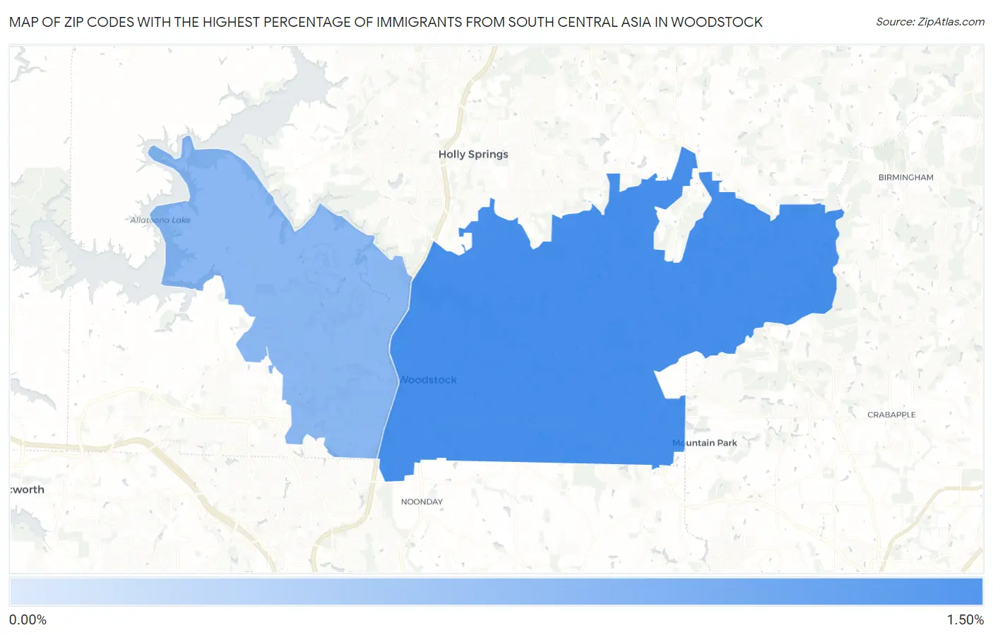 Zip Codes with the Highest Percentage of Immigrants from South Central Asia in Woodstock Map