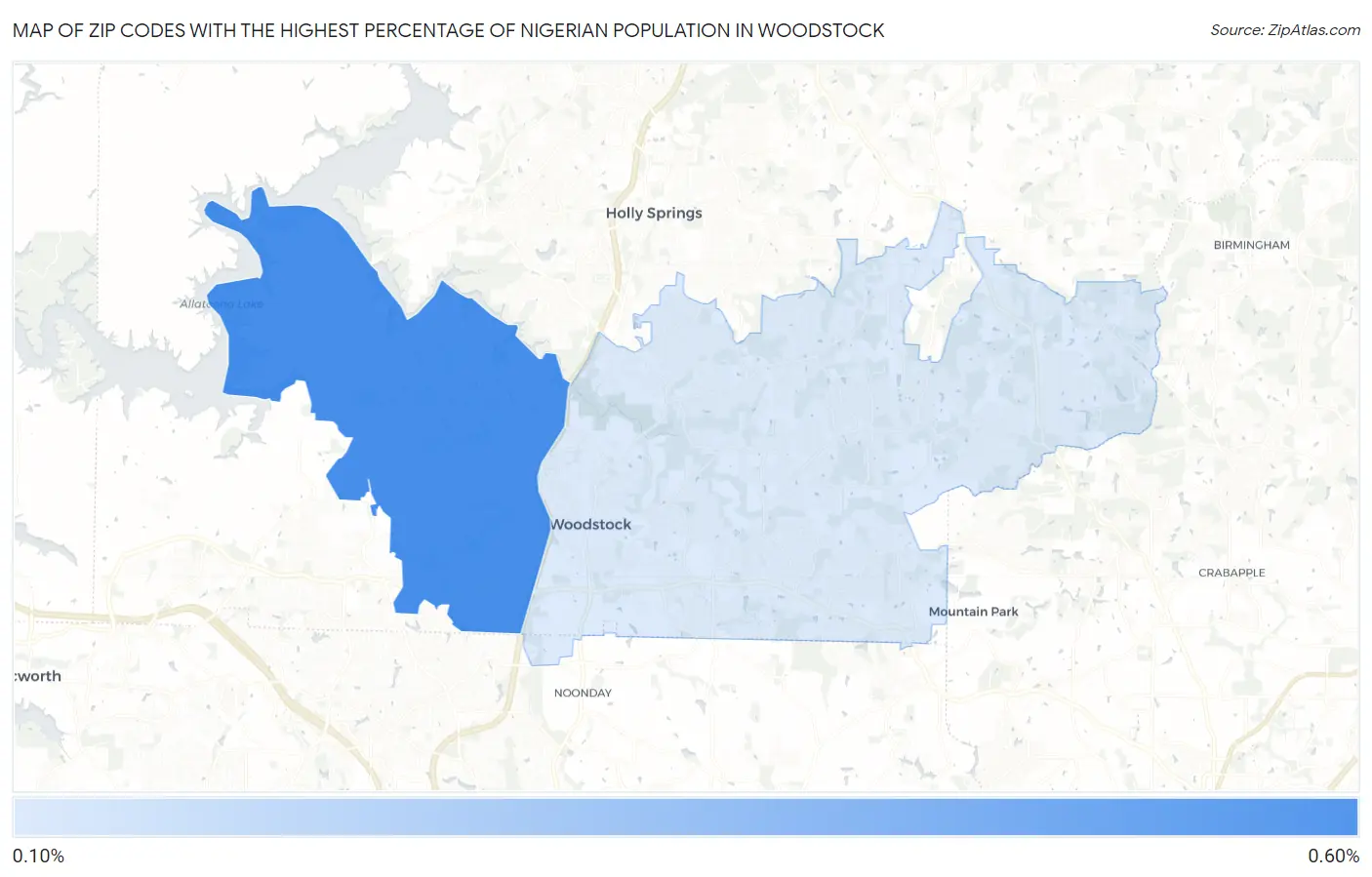 Zip Codes with the Highest Percentage of Nigerian Population in Woodstock Map
