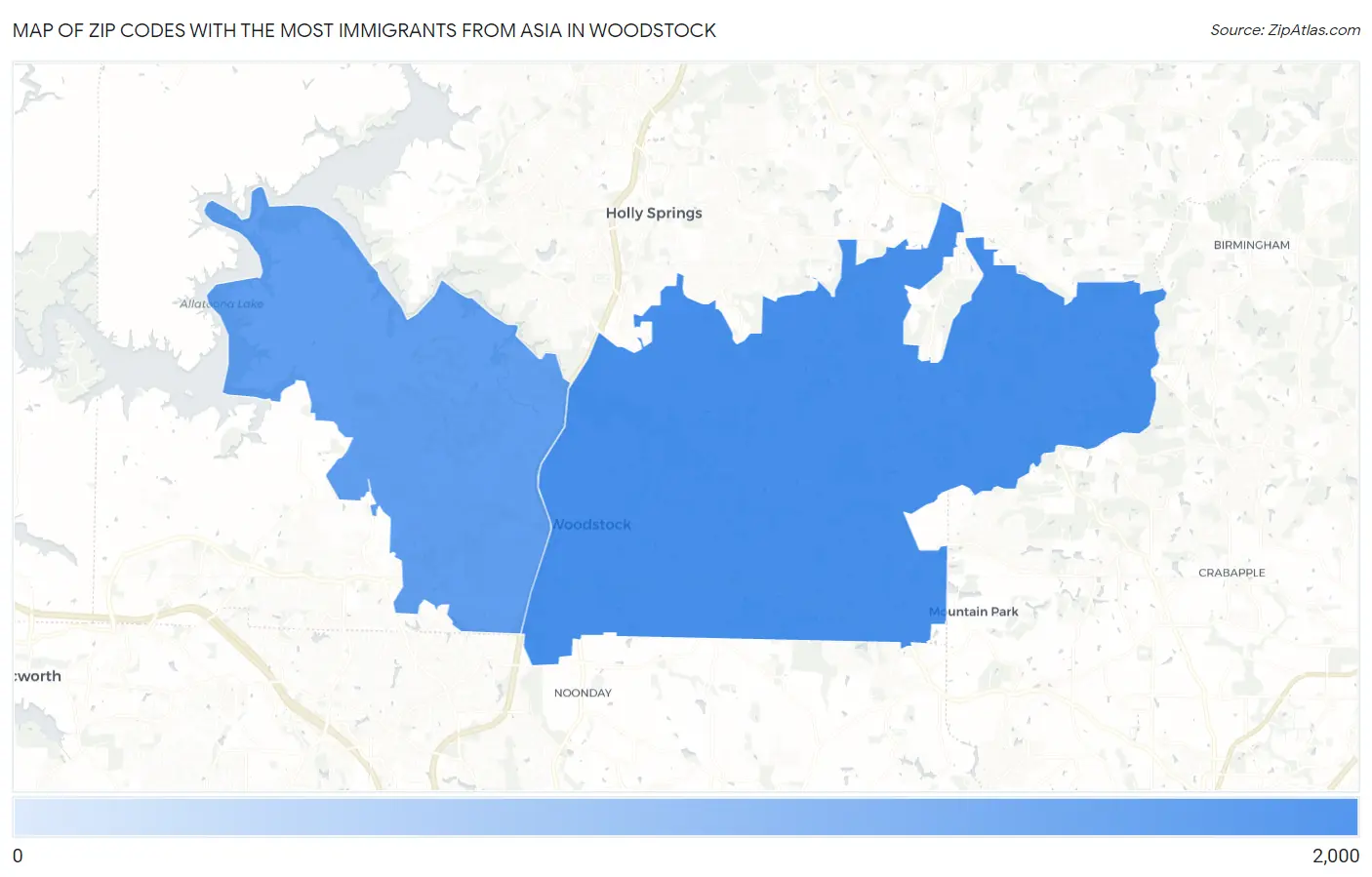 Zip Codes with the Most Immigrants from Asia in Woodstock Map