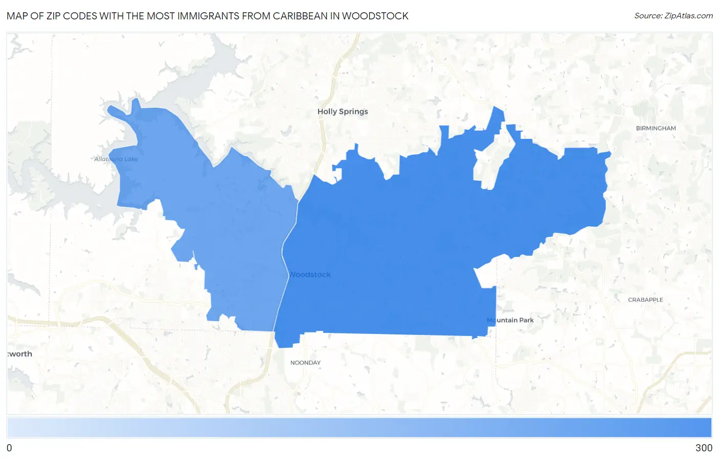Zip Codes with the Most Immigrants from Caribbean in Woodstock Map