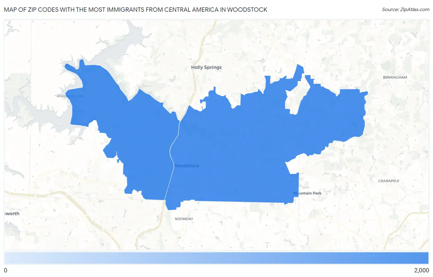 Zip Codes with the Most Immigrants from Central America in Woodstock Map