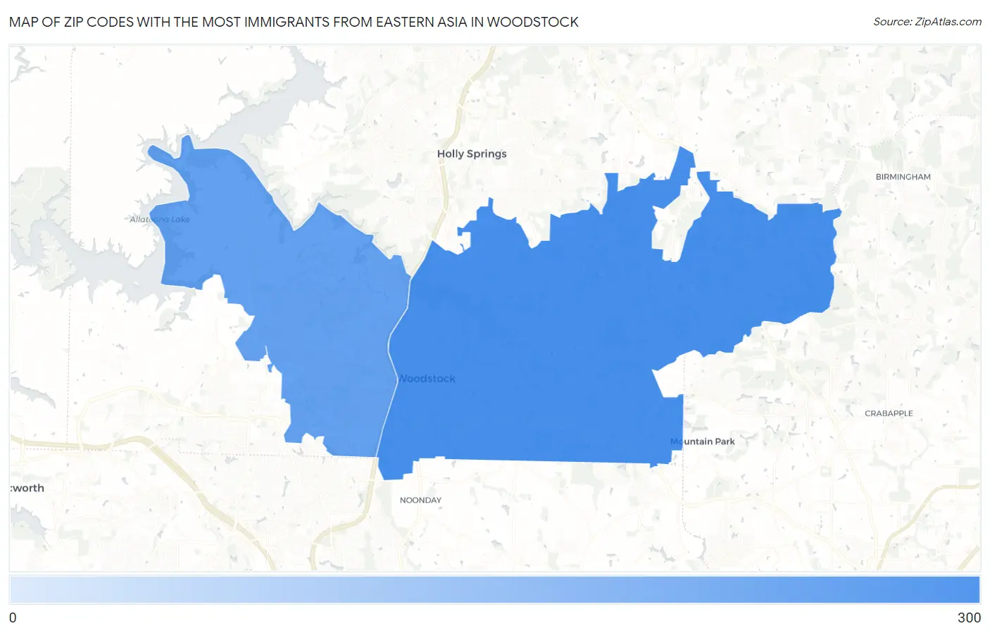 Zip Codes with the Most Immigrants from Eastern Asia in Woodstock Map