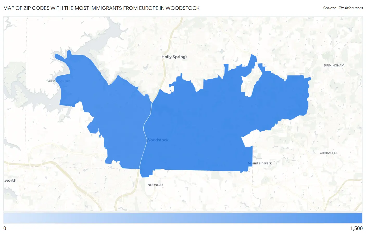 Zip Codes with the Most Immigrants from Europe in Woodstock Map