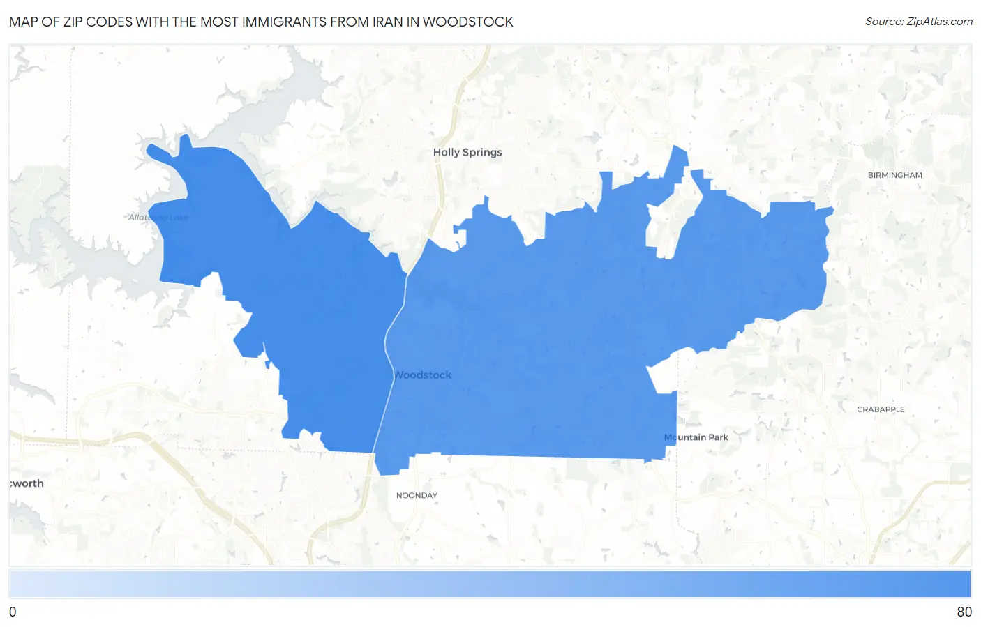 Zip Codes with the Most Immigrants from Iran in Woodstock Map