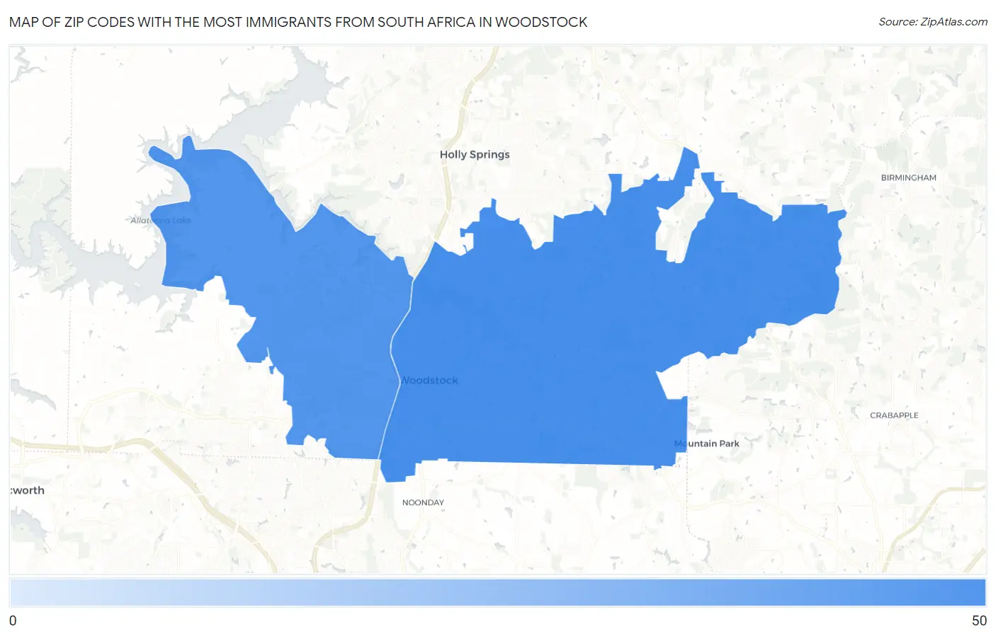 Zip Codes with the Most Immigrants from South Africa in Woodstock Map