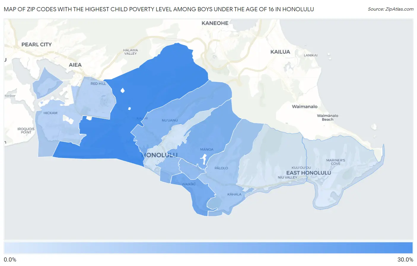 Zip Codes with the Highest Child Poverty Level Among Boys Under the Age of 16 in Honolulu Map