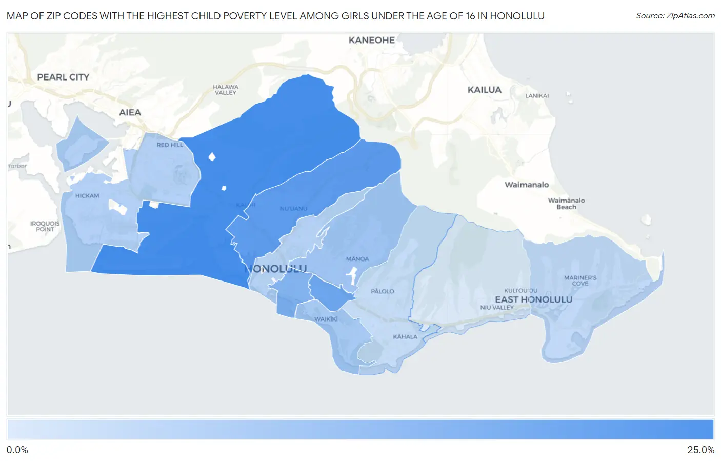 Zip Codes with the Highest Child Poverty Level Among Girls Under the Age of 16 in Honolulu Map