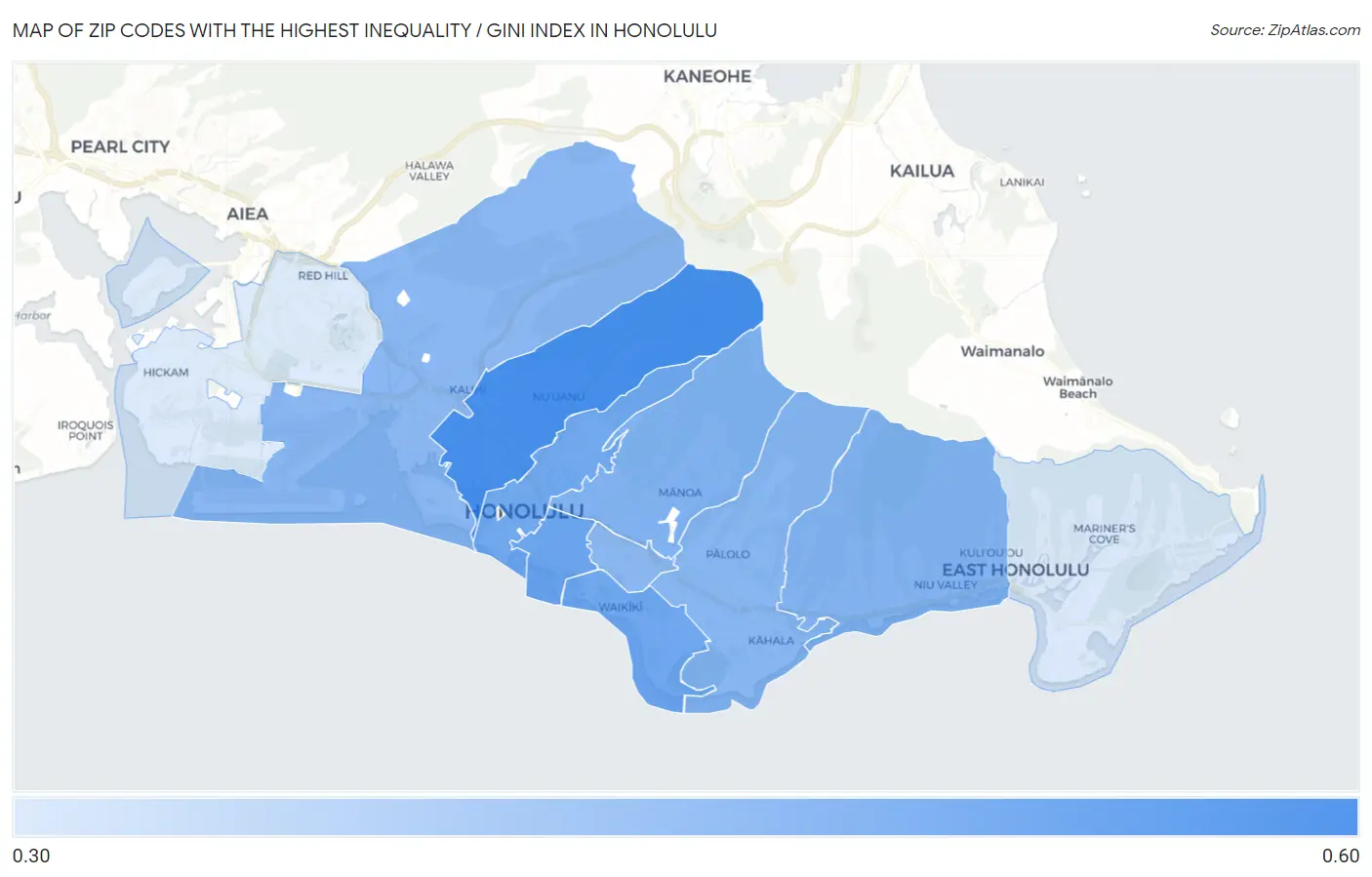 Zip Codes with the Highest Inequality / Gini Index in Honolulu Map