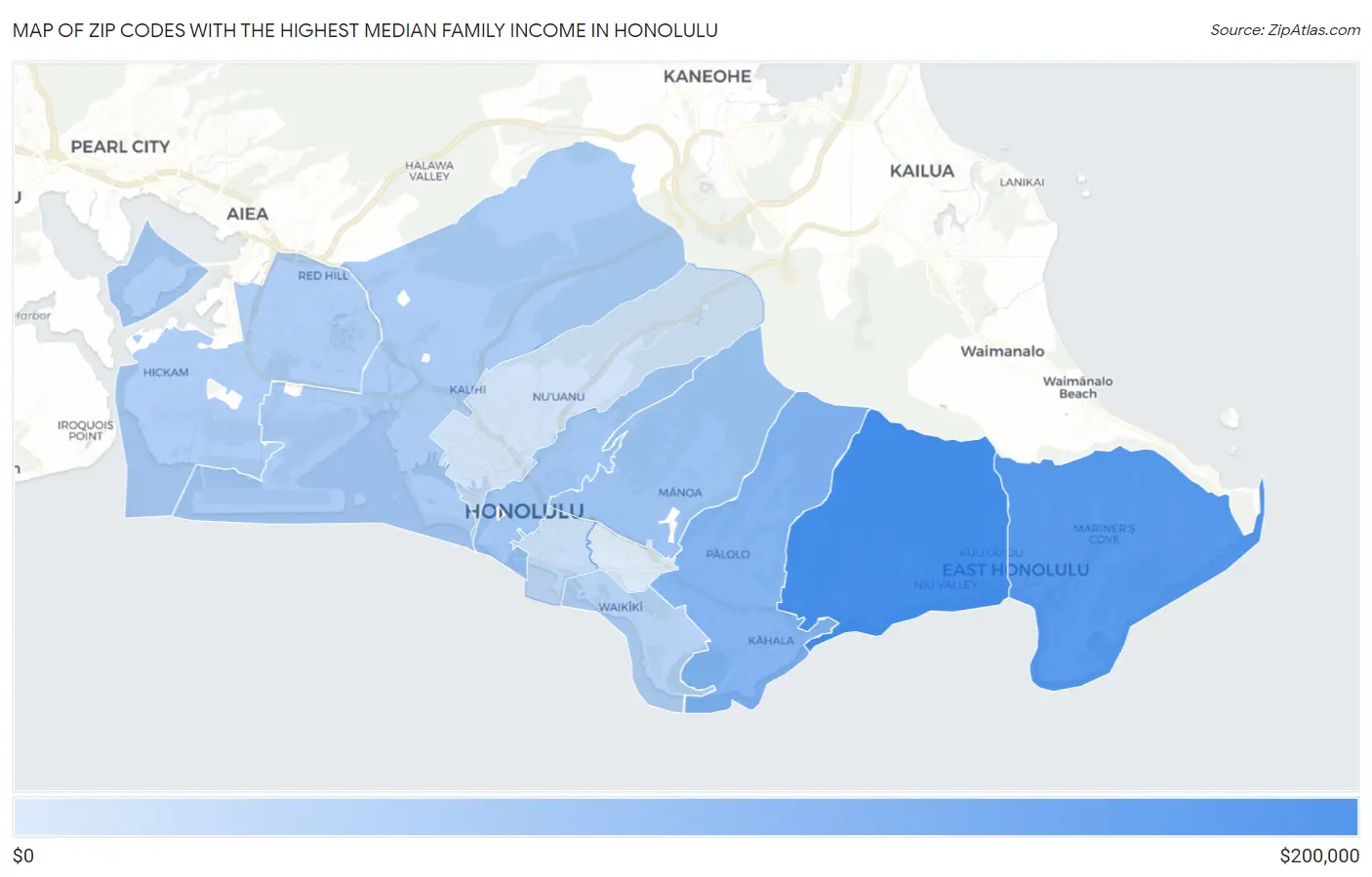 Zip Codes with the Highest Median Family Income in Honolulu Map