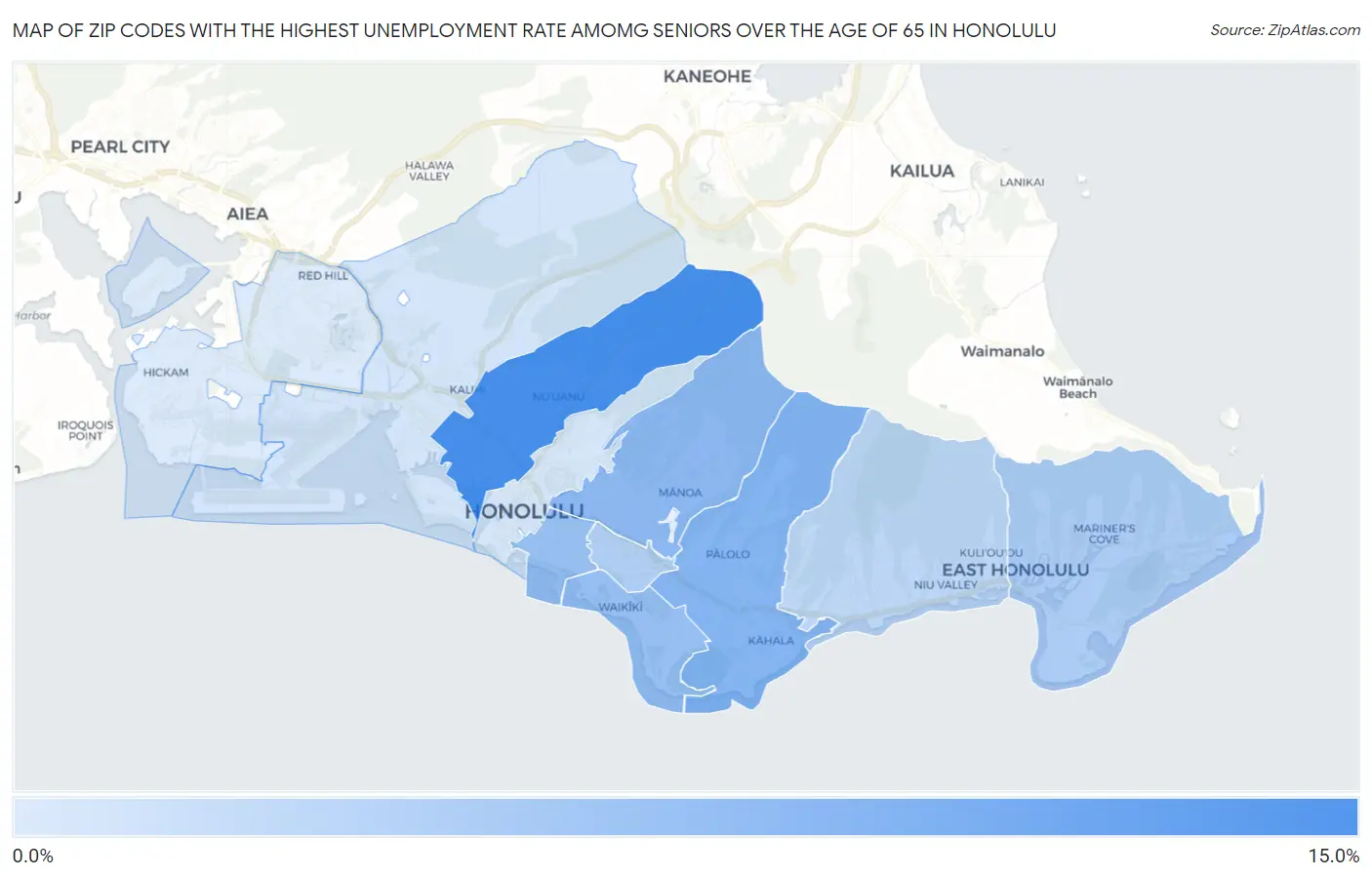Zip Codes with the Highest Unemployment Rate Amomg Seniors Over the Age of 65 in Honolulu Map