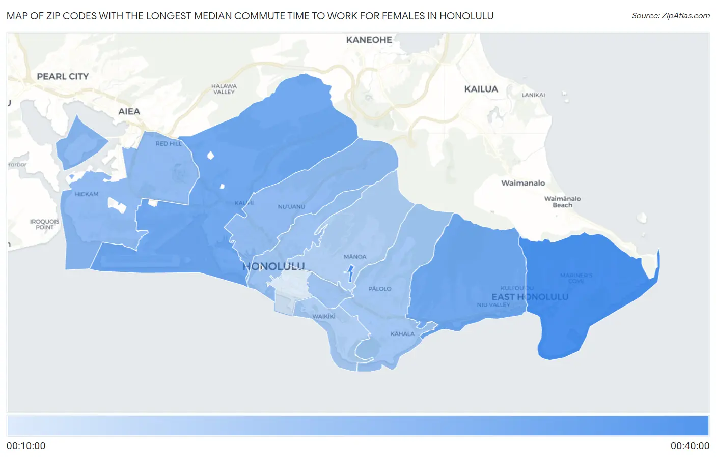 Zip Codes with the Longest Median Commute Time to Work for Females in Honolulu Map