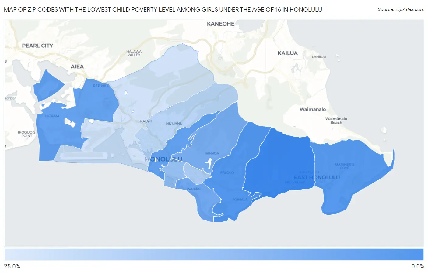 Zip Codes with the Lowest Child Poverty Level Among Girls Under the Age of 16 in Honolulu Map