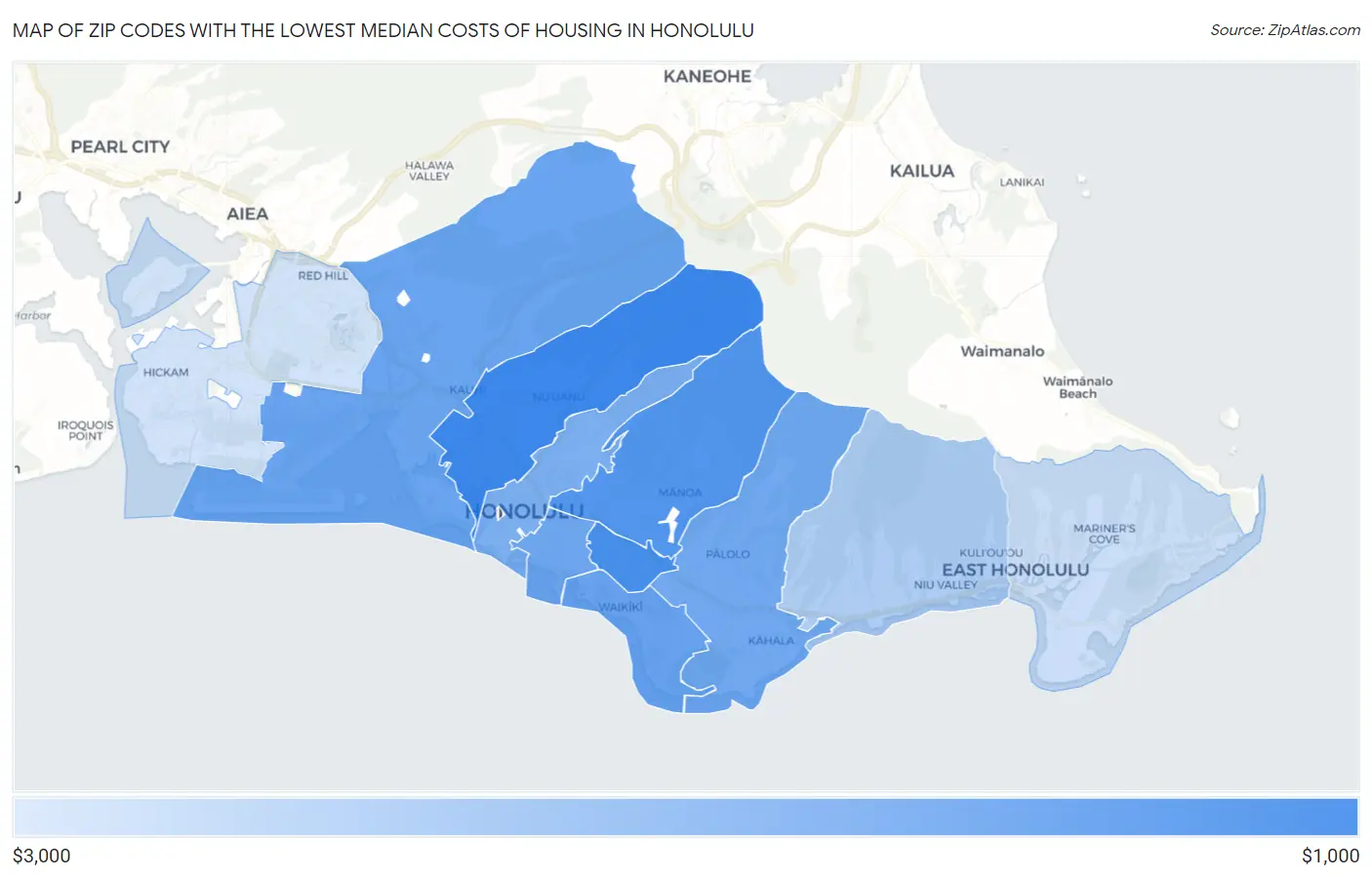 Zip Codes with the Lowest Median Costs of Housing in Honolulu Map